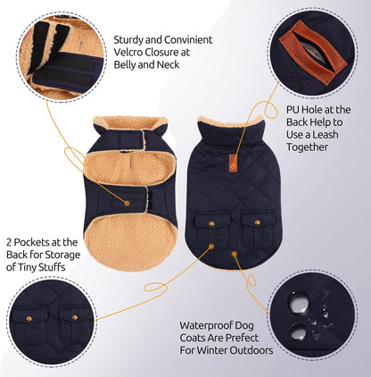 Queenmore Warm Dog Coat, Cold Weather Puffer Dog Jacket with Ultra Thick Plush Lining, Storage