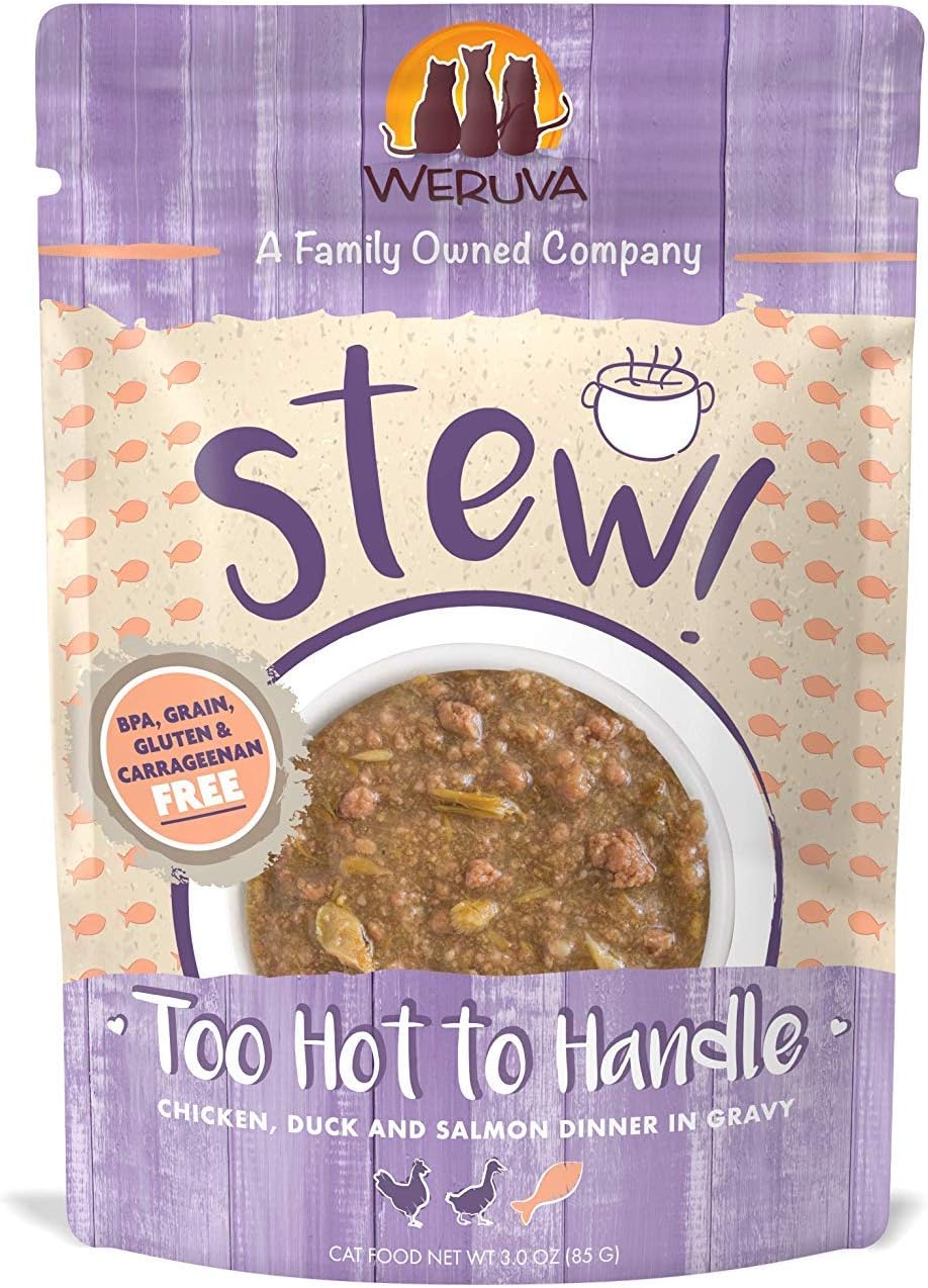 Weruva Classic Cat Stews!, Too Hot to Handle with Chicken, Duck & Salmon in Gravy, 3oz Pouch (Pack