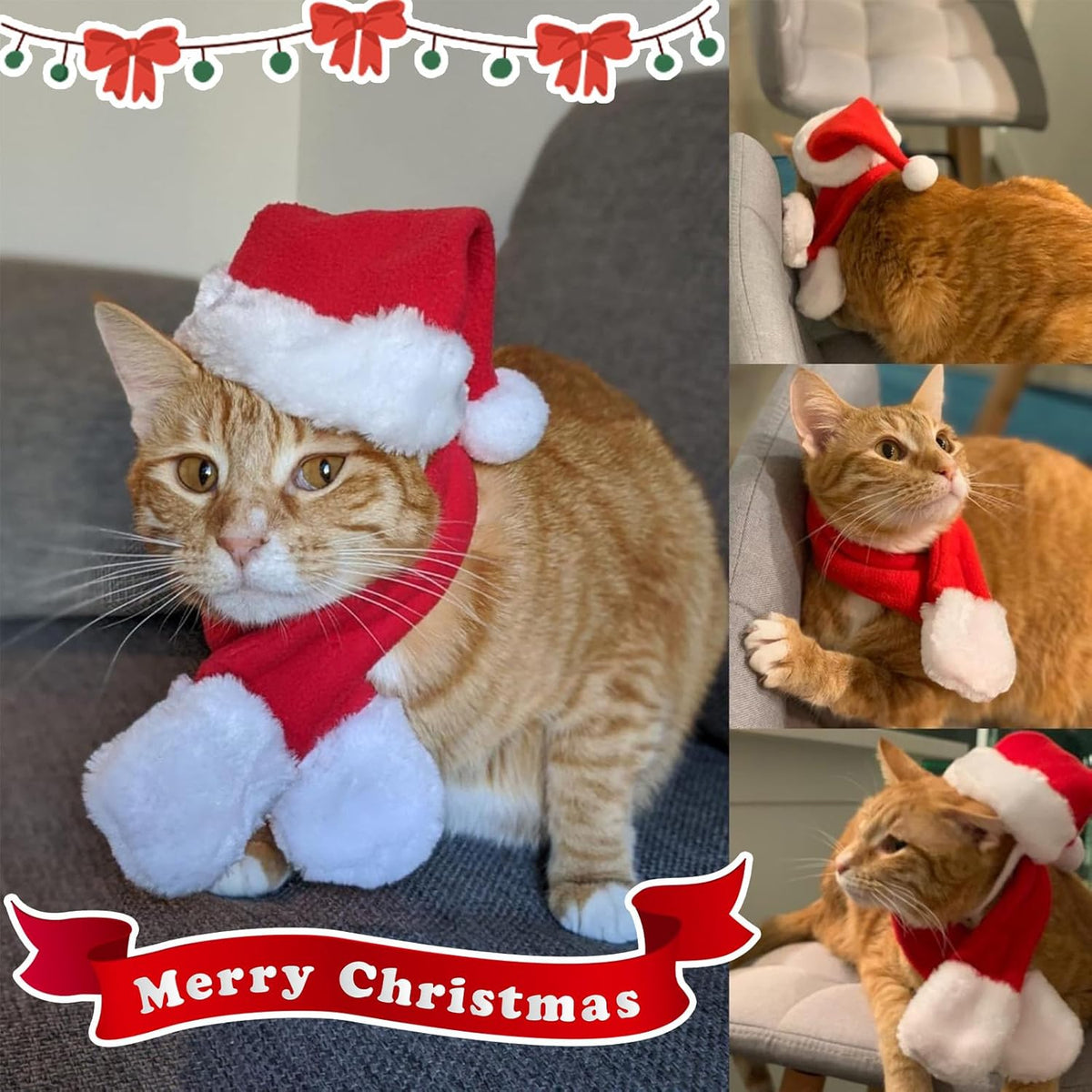 Enjoying Cat Christmas Costume, Santa Hat with Red Scarf for Cats Small Dogs, Rabbit Xmas Outfit