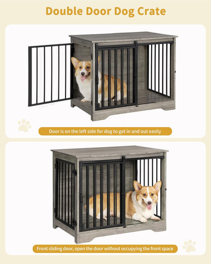 31.9" Dog Crate Furniture with Barn Door, Heavy Duty Dog Kennel Indoor with 2 Doors, Wooden Pet