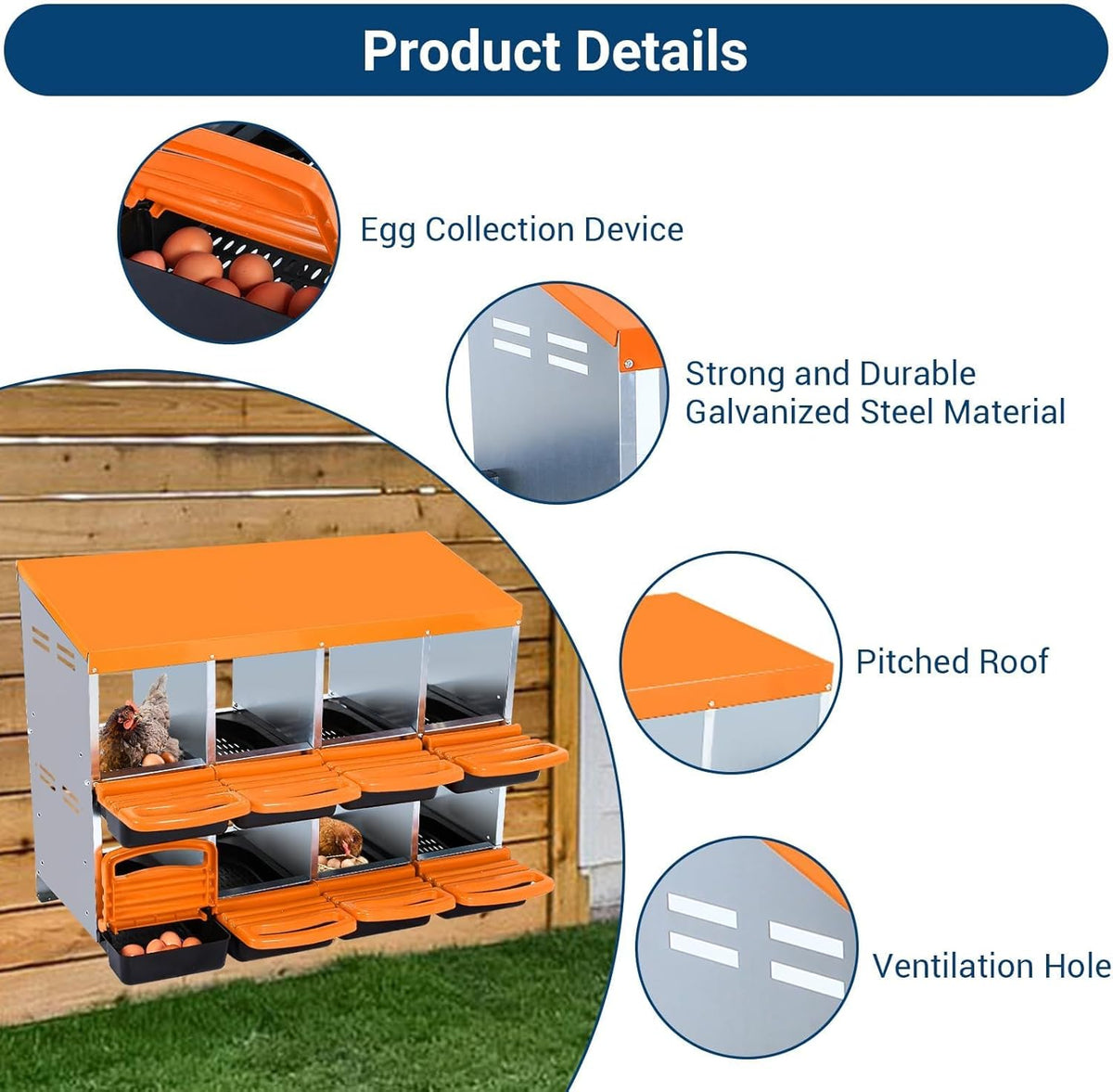 Chicken Nesting Boxes, 8 Hole Metal Chicken Laying Box with with Removable Trays and Roll Out Egg