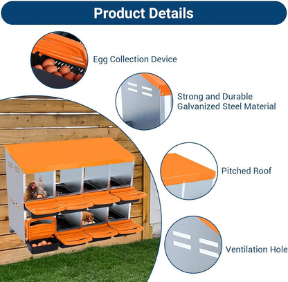 Chicken Nesting Boxes, 8 Hole Metal Chicken Laying Box with with Removable Trays and Roll Out Egg