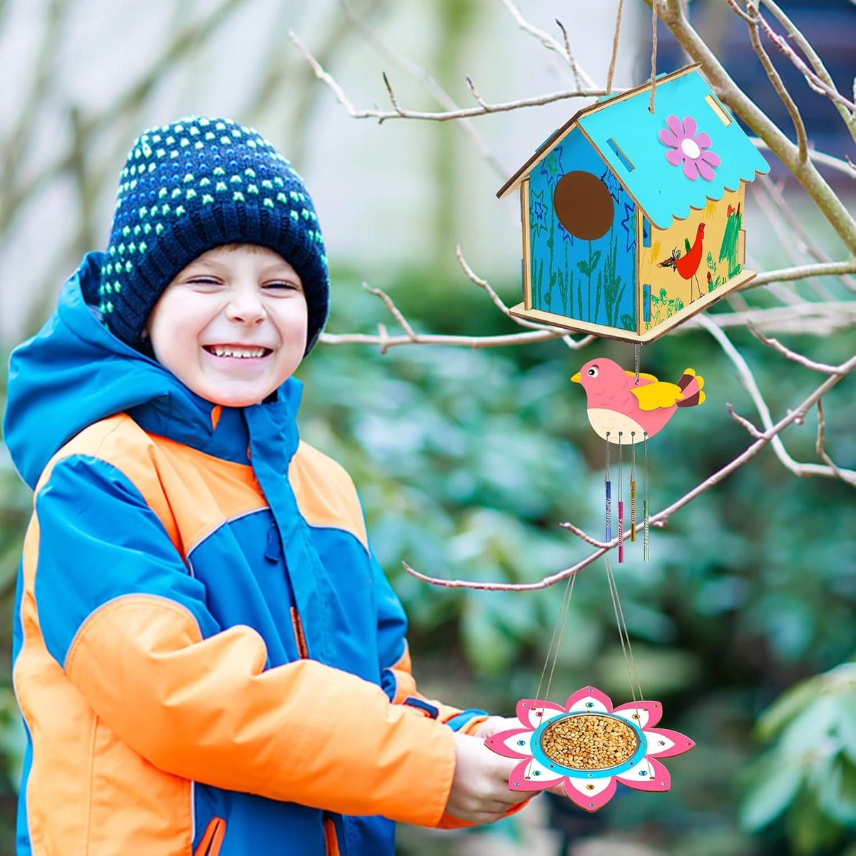Fennoral 12 Pack Bird House Craft Kit for Kids Make You Own Bird Wind Chime Kit DIY Build and Paint