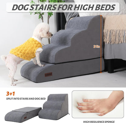 4-Step Dog Stairs and Ramp for Beds or Couches – Non-Slip Sturdy Pet Steps for Small Dogs and