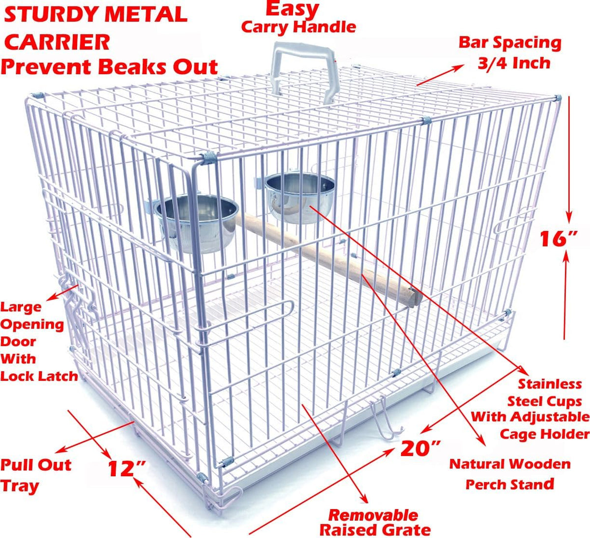 Pet Products Metal Portable Travel Vet Bird Parrot Carrier Cage Prevent Beaks Out White, 19-Inch by