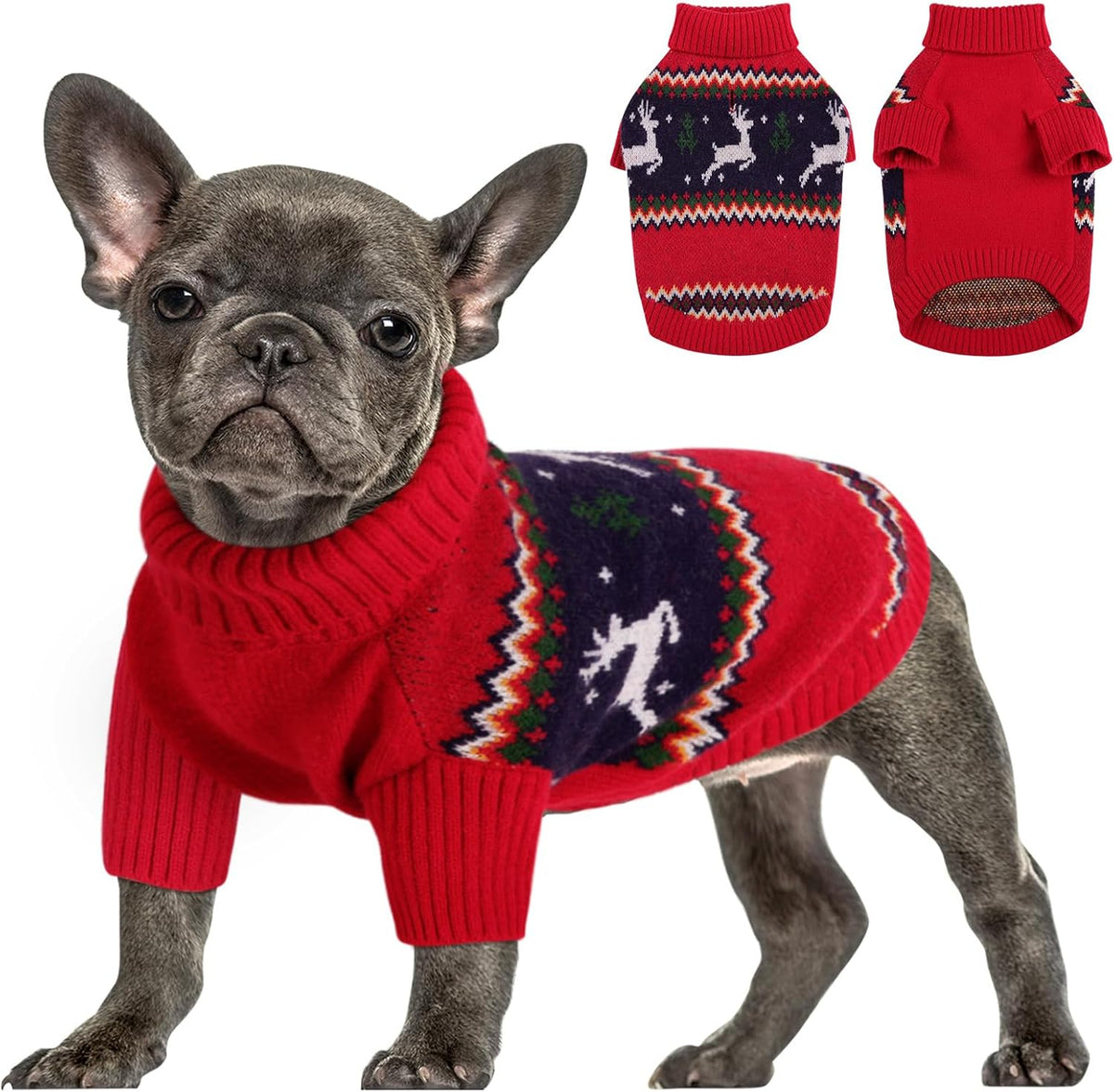 Queenmore Christmas Sweater, Knitted Pullover Turtleneck Outfit for Dogs, Warm Clothes for Small