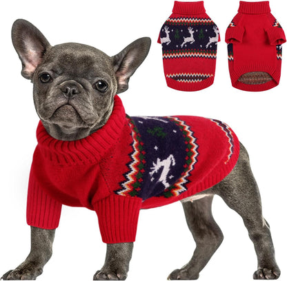 Queenmore Christmas Sweater, Knitted Pullover Turtleneck Outfit for Dogs, Warm Clothes for Small