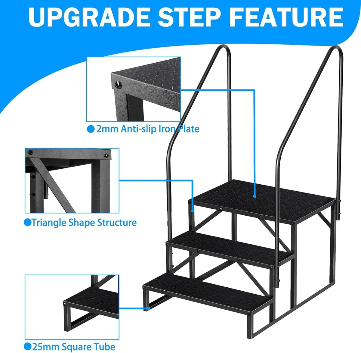 RV Step 3 Step Ladder, Upgrade RV Step with Handrails, Heavy Duty RV Stairs with Anti-Slip Pedal