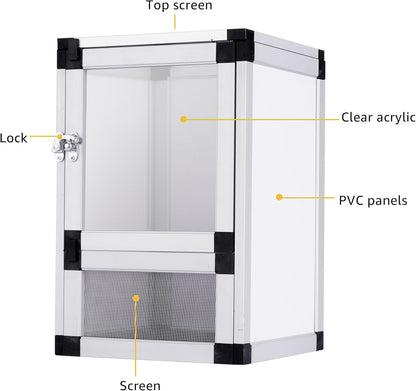 8" x 8" x 12" Bright White Reptile Cage, Rainforest Habitat with Acrylic Door, Ventilated Terrarium