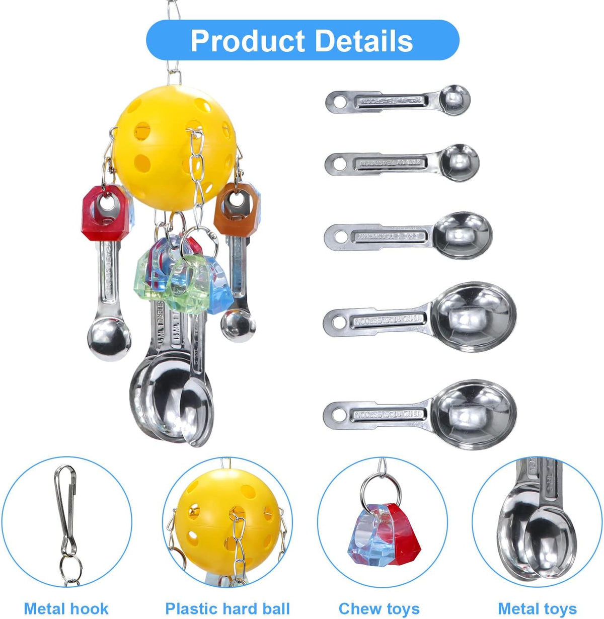Litewoo Bird Chew Toy with Metal Spoons Ball Chewing Toy Hanging Swing for Parrot Macaw Cage