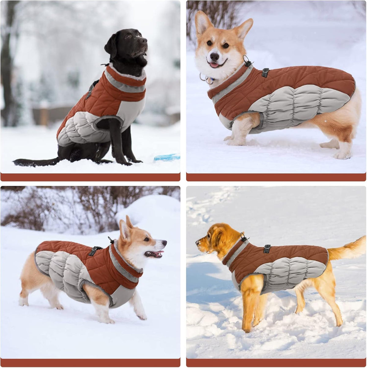 FUAMEY Dog Coat for Large Dogs,Waterproof Dog Winter Jacket with Harness Built in Puppy Cold