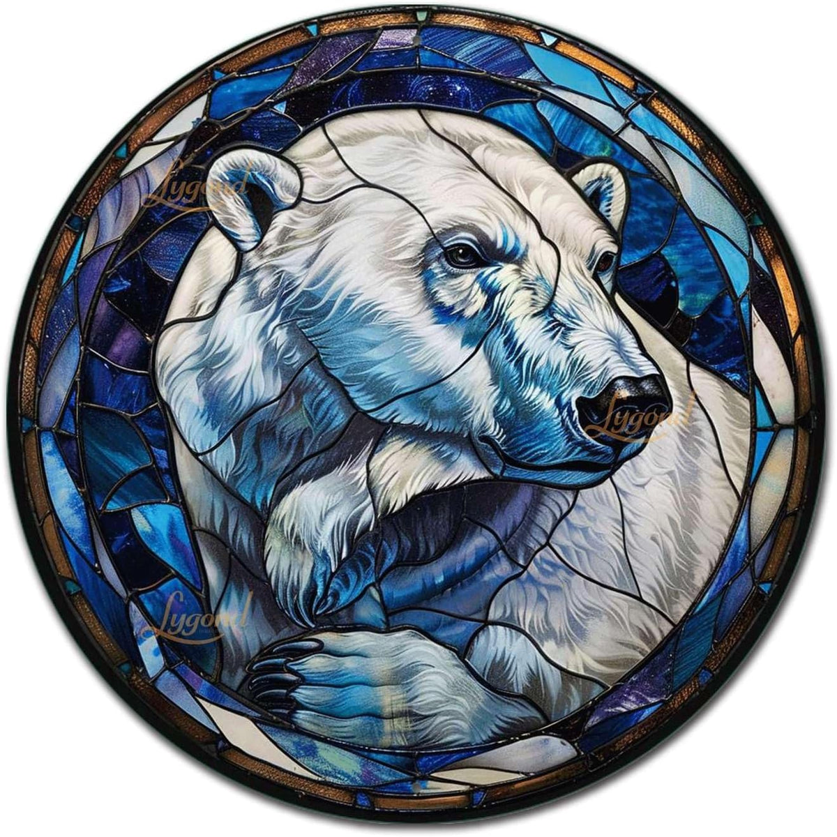 Lygond Metal Sign Tin Sign Circular Stained Glass Polar Bear Minimalist Wall Art for Gift 12×12