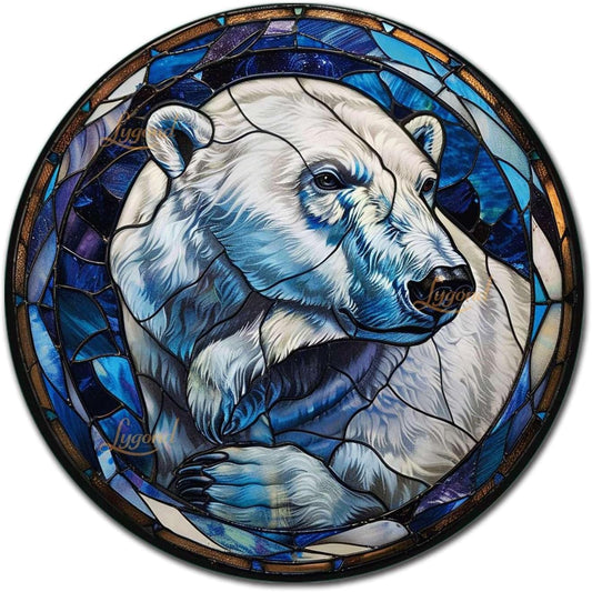 Lygond Metal Sign Tin Sign Circular Stained Glass Polar Bear Minimalist Wall Art for Gift 12×12