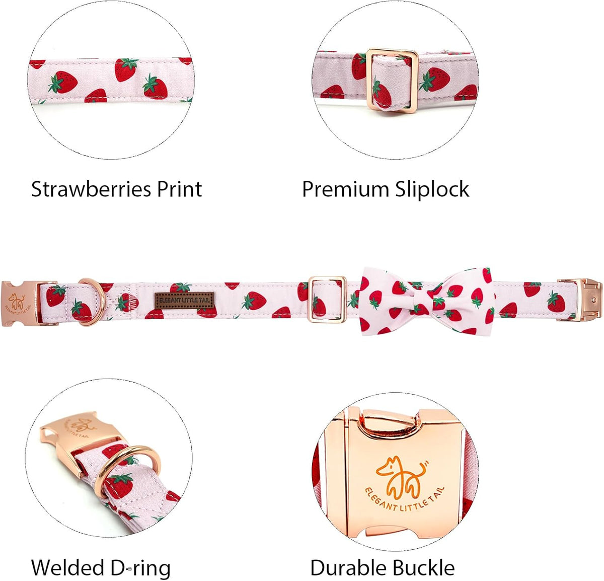 Elegant little tail Dog Collar, Strawberries Print Pet Collar Summer Dog Collar Durable Metal