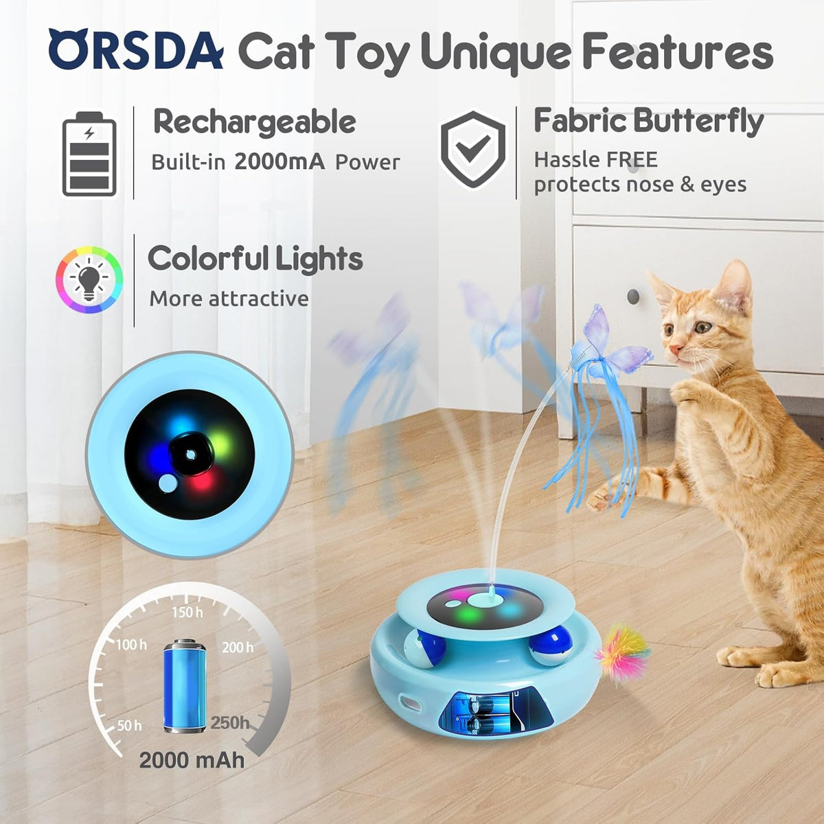 ORSDA Cat Toy, 3-in-1 Automatic Interactive Electronic Moving Ambush Feather, Fluttering Butterfly