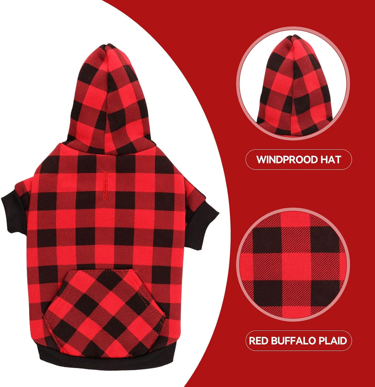 Dog Hoodie Sweater Red Buffalo Plaid Pet Clothes Warm and Soft Breathable Cozy Pet Hoodies for