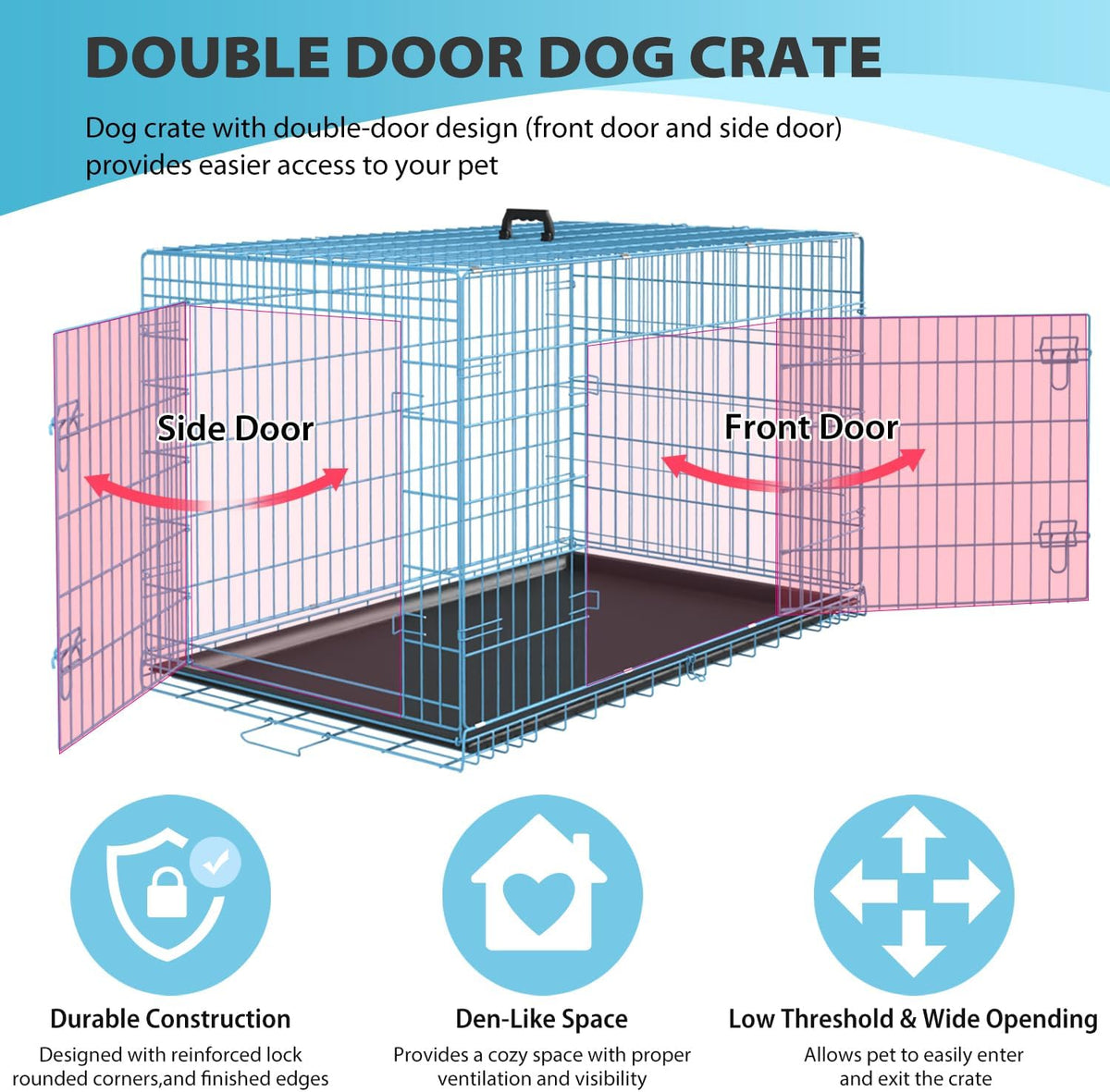 BestPet | Dog Crate | 36" | Blue | Foldable Metal Kennel with Double Doors, Secure Slide-Bolt