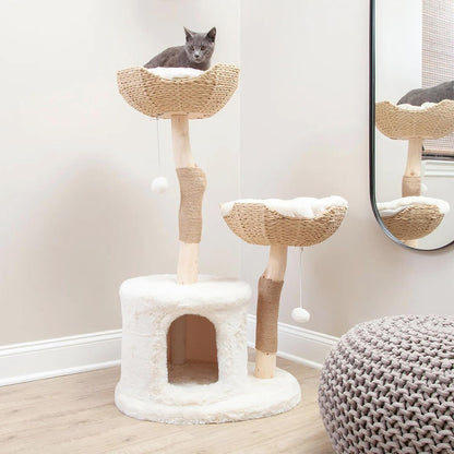 The Bungalow Cat Tree - Luxury Cat Condo, Large Modern Indoor Tower with 2 Faux Fur Beds
