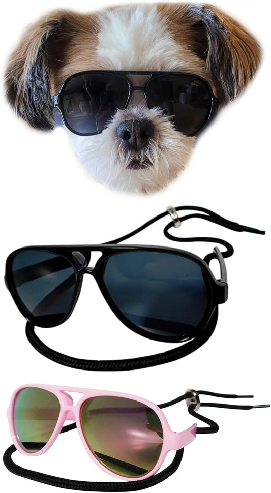 G029 Dog Cat Pet Aviator Pilot Sunglasses Glasses for Small Breeds up to 15lbs (2-Pack Black +