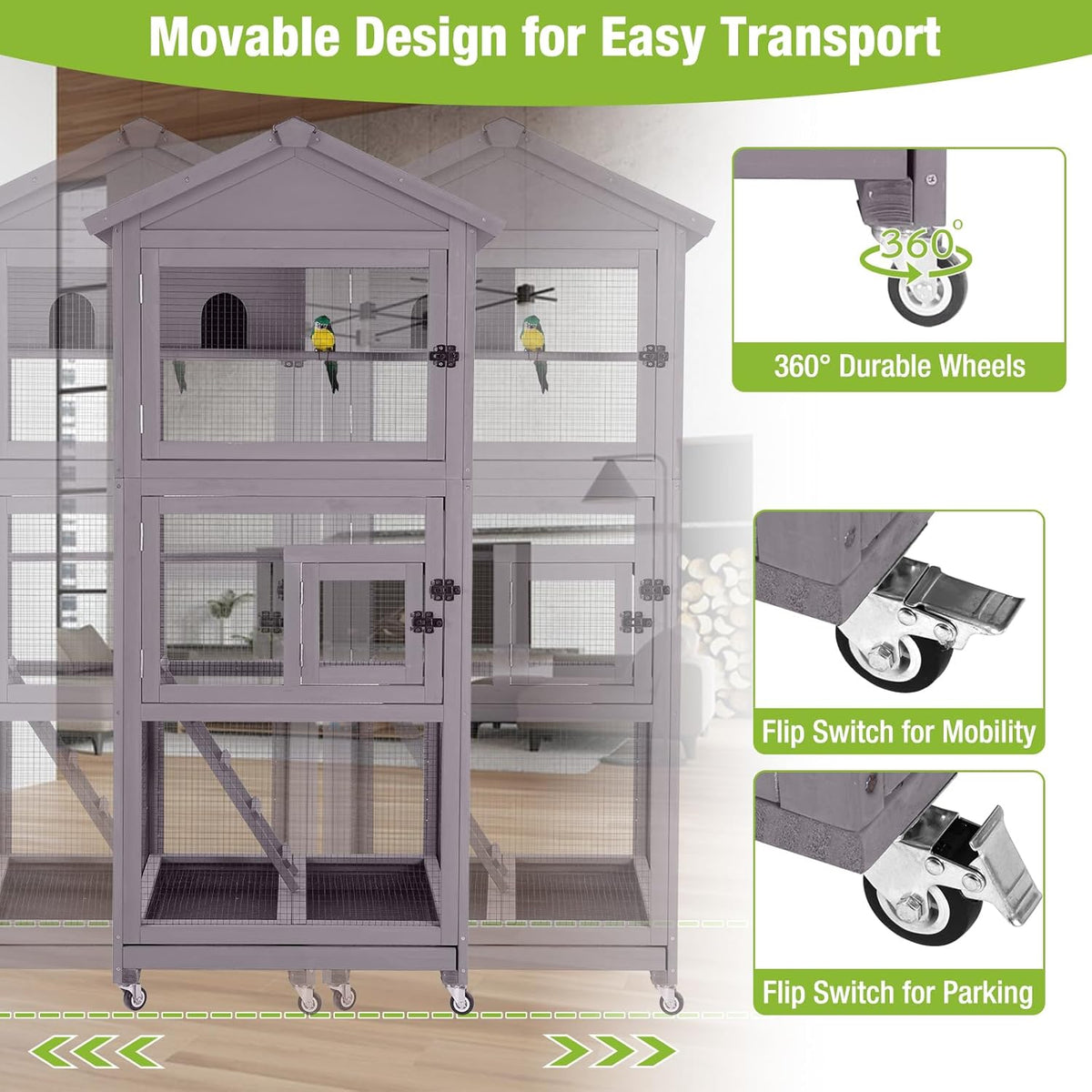 GUTINNEEN Large Bird Cage Outdoor Wooden Aviary Indoor on Wheels, with Play Stand, Perches, Nest