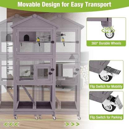 GUTINNEEN Large Bird Cage Outdoor Wooden Aviary Indoor on Wheels, with Play Stand, Perches, Nest