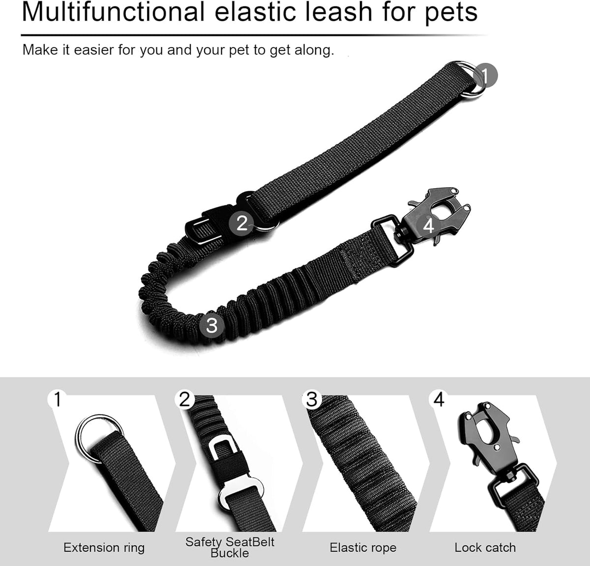 20” Strong Short Leash for Dog, Heavy Duty Bungee Dogs Leash with Padded Handle Car Seatbelt, Small