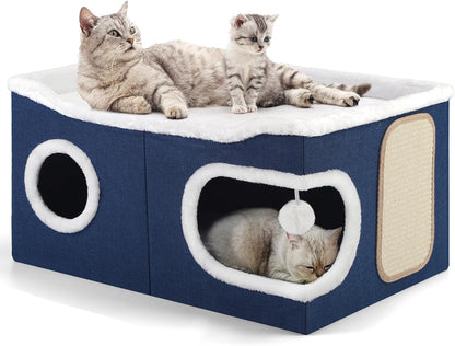 Cat Beds for Indoor Cats, Extra Wide Cat Cube House for Multi Cats, Foldable Cat Cave Hideaway with