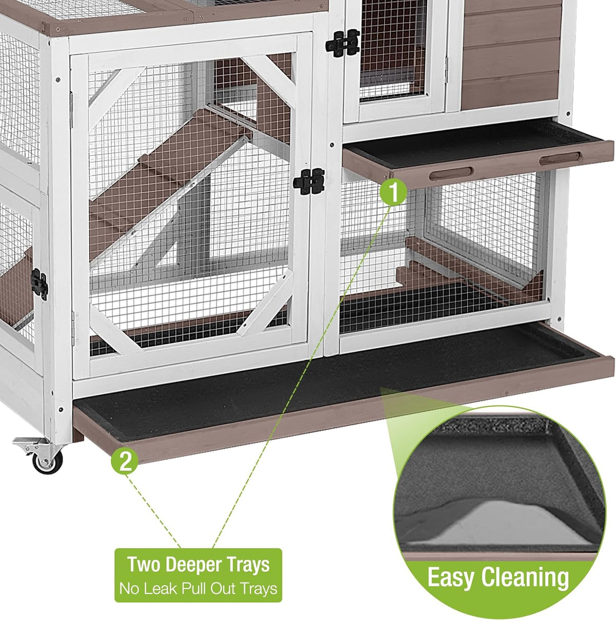 GUTINNEEN Rabbit Hutch Indoor Outdoor 2 Story Bunny House on Wheels Wood Rabbit Cage with 2 Pull