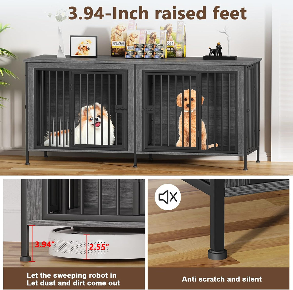 EasyCom 63" Dog Cage Furniture for 2 Pets with Divider, XL Wooden Double Dog Crate Furniture TV