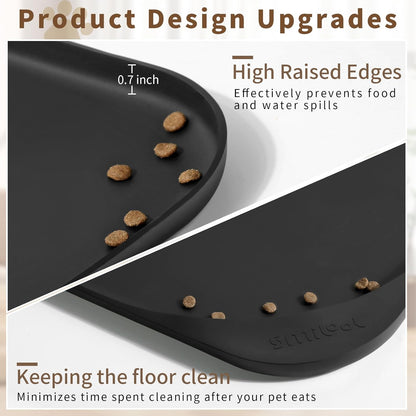 Silicone Pet Feeding Mat with Raised Edge & Residue Collection Pocket for Food and Water, Dog Bowl