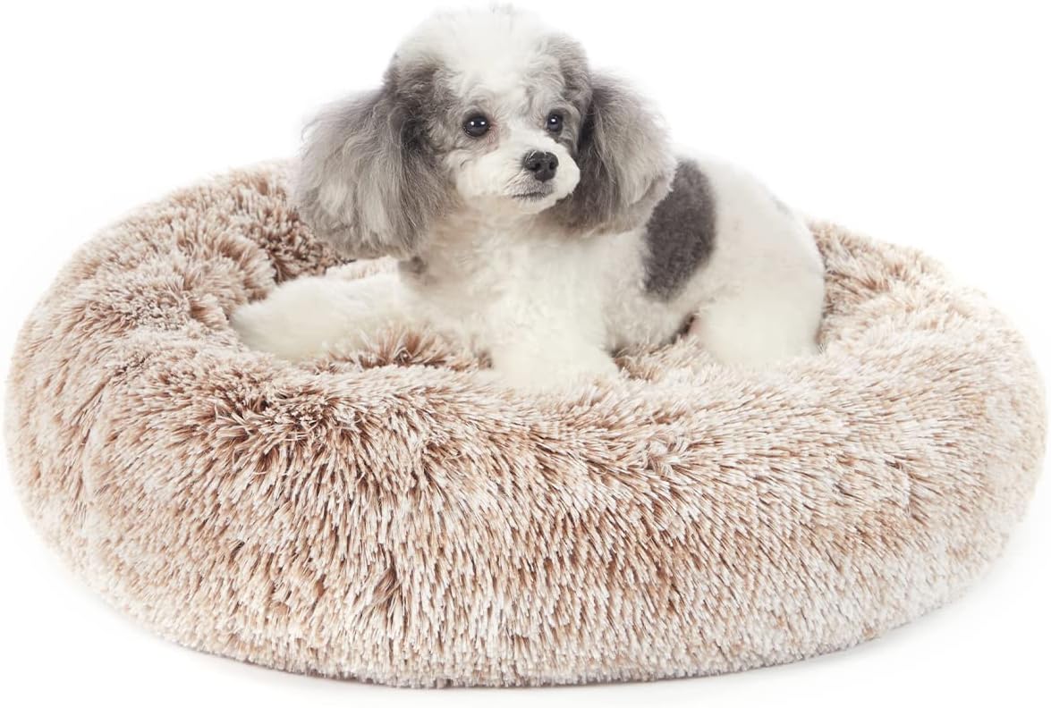 Bedfolks Calming Donut Dog Bed, 23 Inches Round Fluffy Dog Beds for Small Dogs, Machine Washable