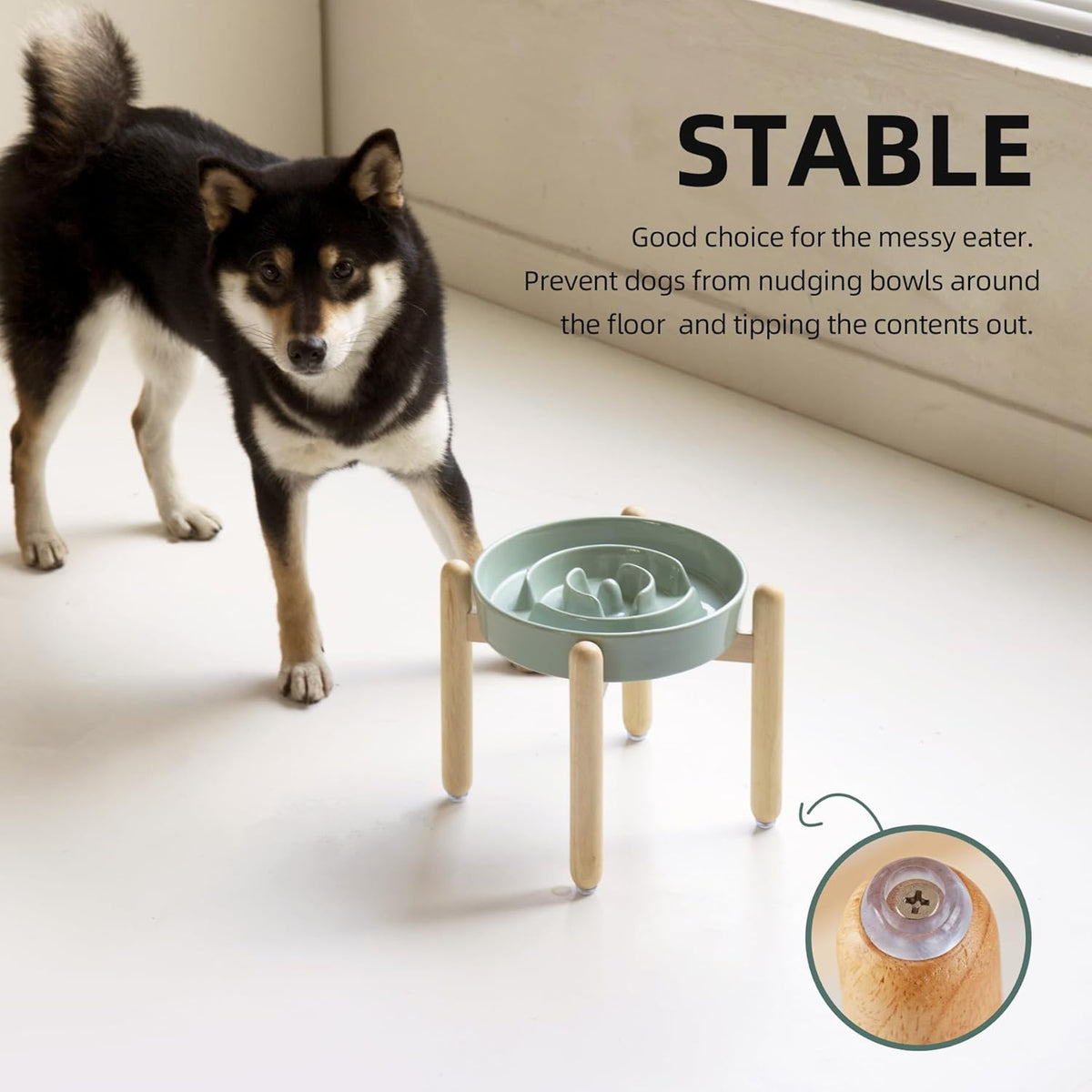 8.2inch Ceramic Raised Slow Feeder Dog Bowl Set, Elevated Wooden Stand for Large and Medium Dog