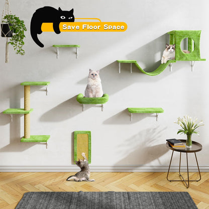 NUNU LAB Wall Mounted Cat Climber Set, 6 Pcs Cat Furniture Set with House, Bridge, Steps, Scratcher