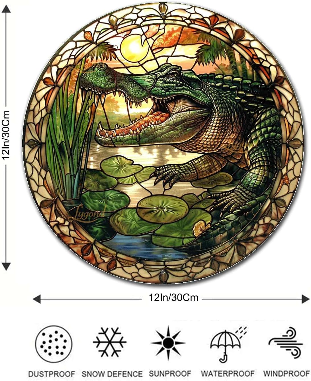 Lygond Metal Sign Tin Sign Circular Stained Glass Alligator Minimalist Wall Art for Home Decor