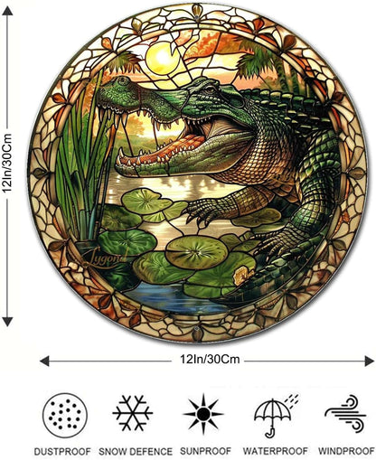 Lygond Metal Sign Tin Sign Circular Stained Glass Alligator Minimalist Wall Art for Home Decor