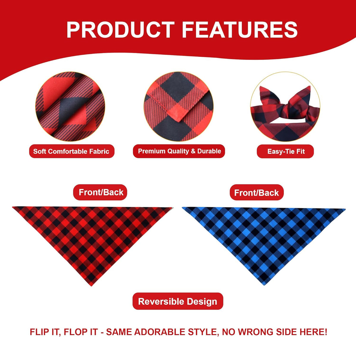 Plaid Dog Bandanas 2-Pack for Small Dogs, Red-Black & Blue-Black Buffalo Check Set - Adjustable