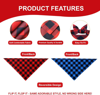 Plaid Dog Bandanas 2-Pack for Small Dogs, Red-Black & Blue-Black Buffalo Check Set - Adjustable