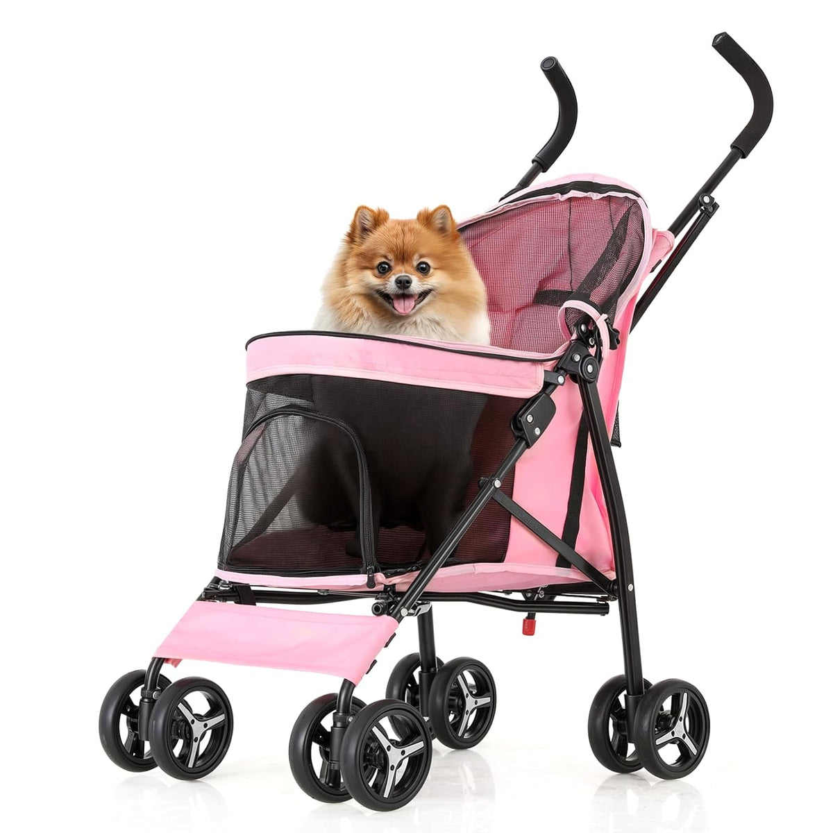 MoNiBloom 4 Wheels Pet Stroller, Easy-Fold Puppy Cage Jogger Stroller with Sun Cover, Pad and Rear