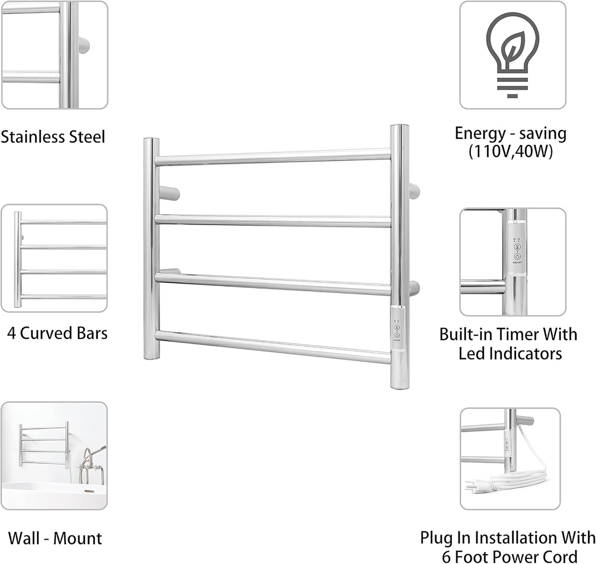 KEG Towel Warmer Wall Mounted with Built-in Timer 4 Bars Electric Stainless Steel Heated Towel