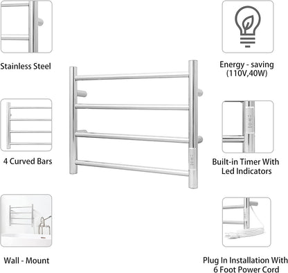 KEG Towel Warmer Wall Mounted with Built-in Timer 4 Bars Electric Stainless Steel Heated Towel