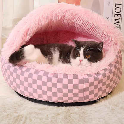 Cat Bed Hooded Plush Nest with Self-Warming Cozy Cave, Calming Anti-Anxiety Pet Bed for Indoor Cats