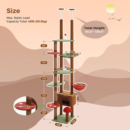 PEQULTI Mushroom Cat Tree Floor to Ceiling Cat Tower Adjustable Height (90.5''-100.4'' =