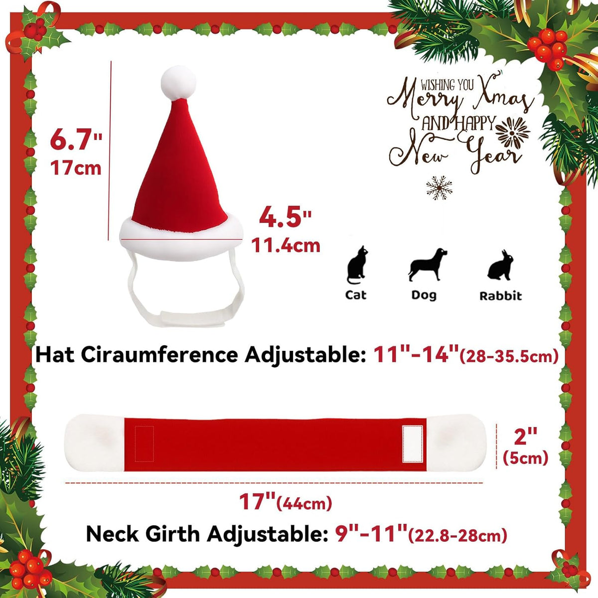Enjoying Cat Christmas Costume, Santa Hat with Red Scarf for Cats Small Dogs, Rabbit Xmas Outfit