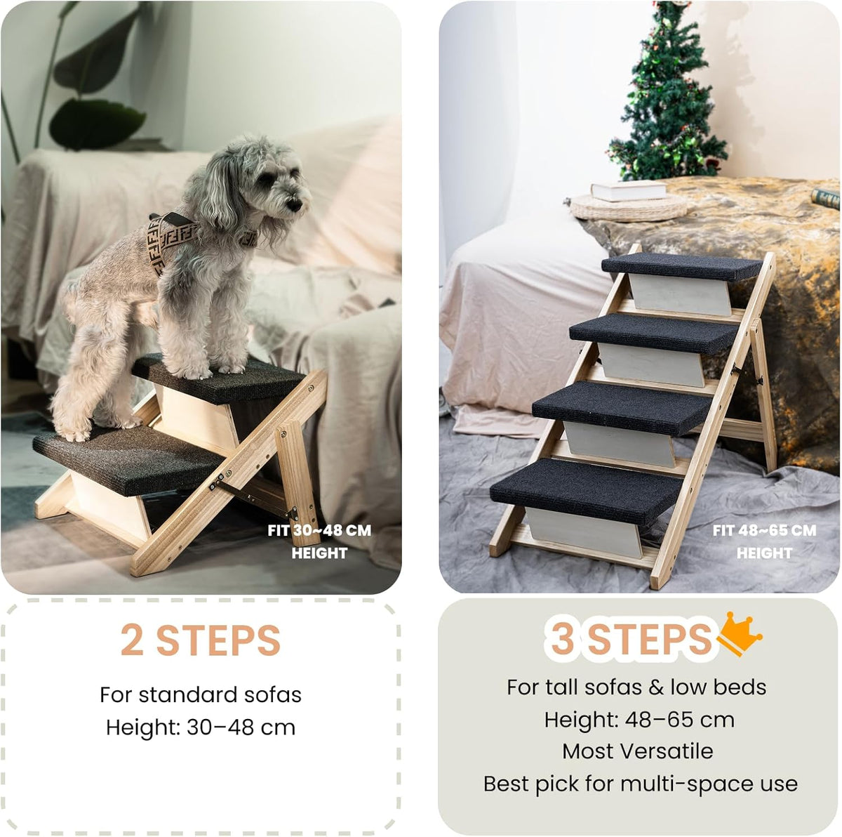MEWANG Wood Pet Stairs & Ramp for Small/Medium Dogs and Cats, Aging Pets – 3-in-1 Foldable