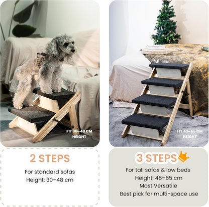 MEWANG Wood Pet Stairs & Ramp for Small/Medium Dogs and Cats, Aging Pets – 3-in-1 Foldable
