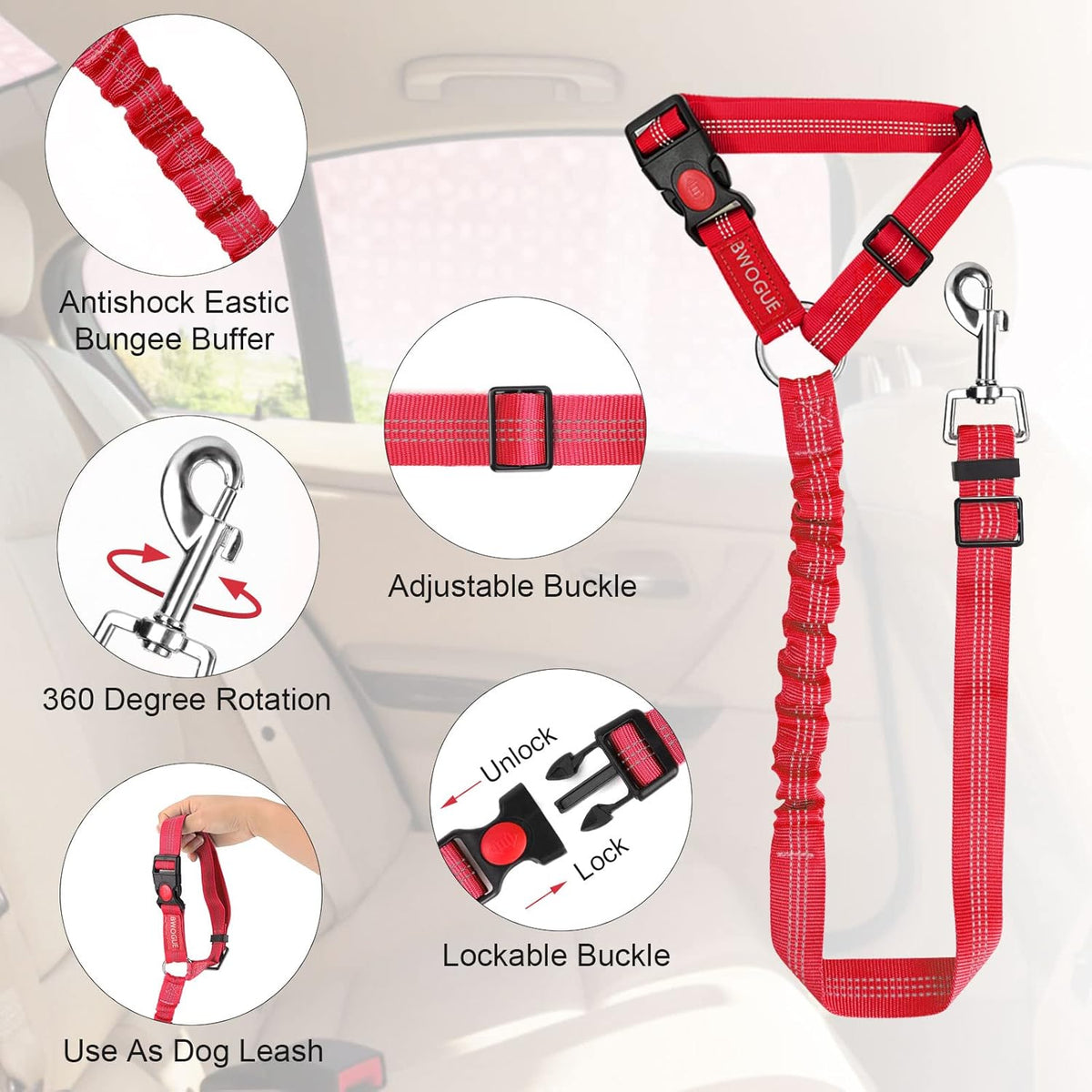 BWOGUE 2 Packs Dog Cat Safety Seat Belt Strap Car Headrest Restraint Adjustable Nylon Fabric Dog
