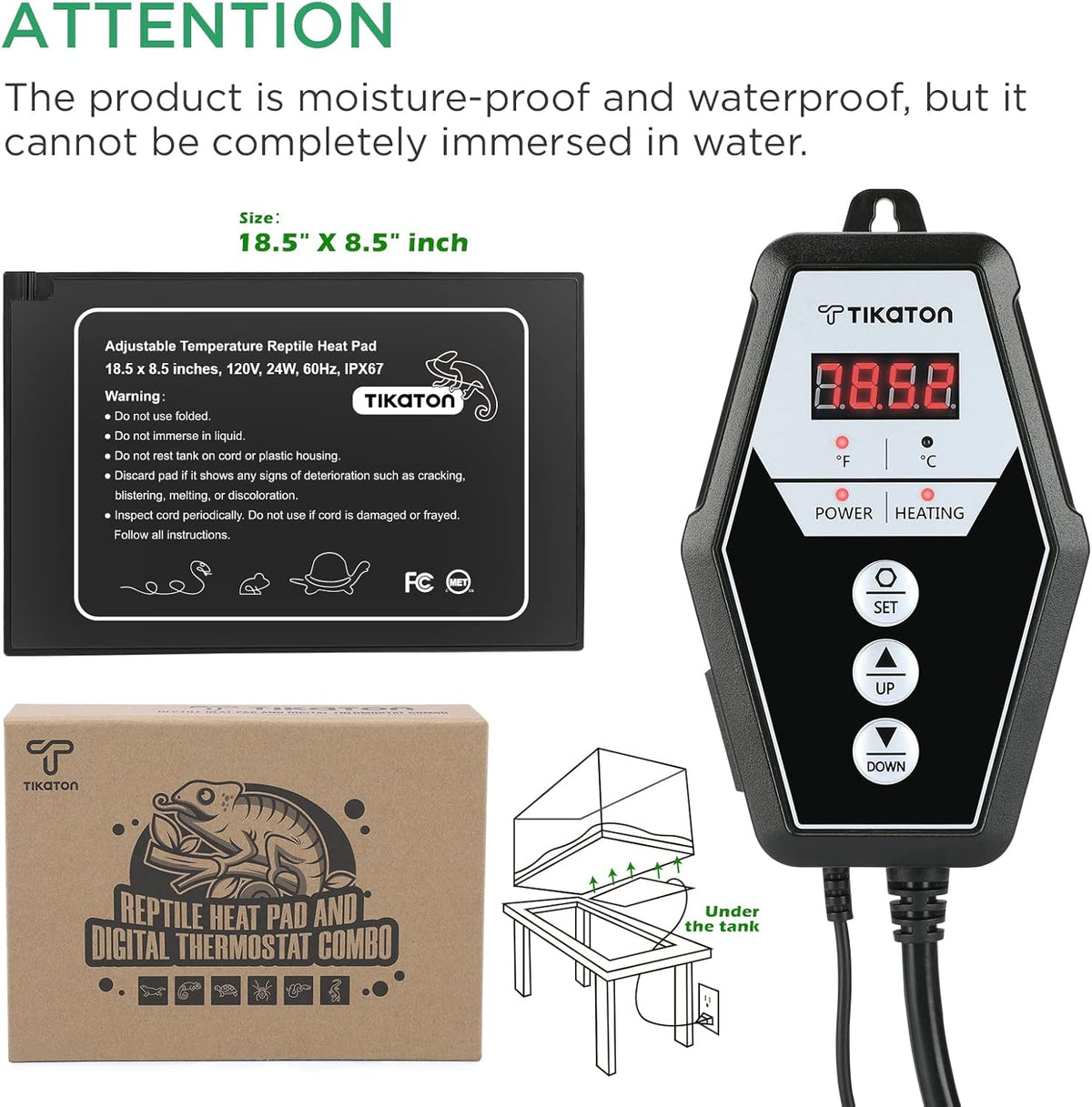 Tikaton Reptile Heating Pad and Digital Thermostat Combo Set, Under Tank Heater for