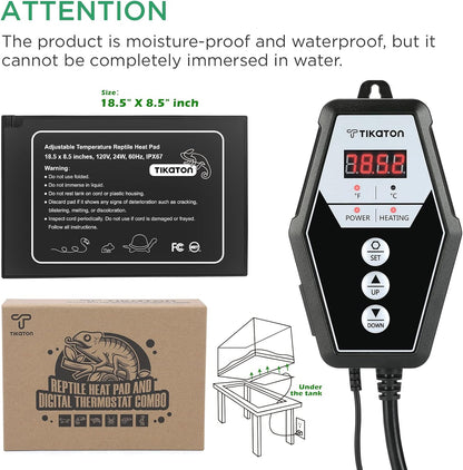 Tikaton Reptile Heating Pad and Digital Thermostat Combo Set, Under Tank Heater for