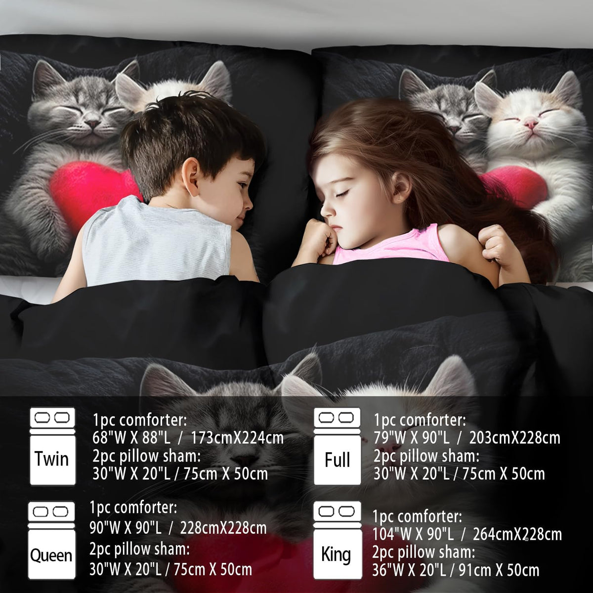 Cute Cat Comforter Set King,Kawaii Cat Bedding Set for Girls,Cute Animal Comforter Red Love Heart