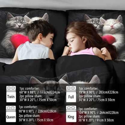 Cute Cat Comforter Set King,Kawaii Cat Bedding Set for Girls,Cute Animal Comforter Red Love Heart